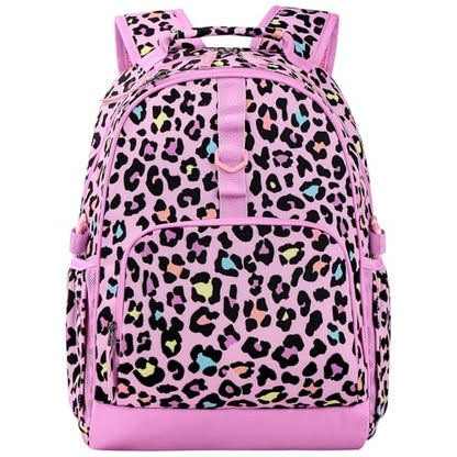 Choco Mocha Kids Backpack for Girls Cheetah Backpack Kids Elementary School Backpack for Girls Ages 6-8 Kid Bookbag 17 Inch with Chest Strap, Pink - color: Leopard-pink