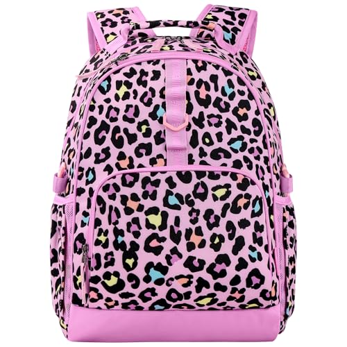 Choco Mocha Kids Backpack for Girls Cheetah Backpack Kids Elementary School Backpack for Girls Ages 6-8 Kid Bookbag 17 Inch with Chest Strap, Pink - color: Leopard-pink