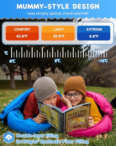 KingCamp 45°F Kids Sleeping Bag, Lightweight Waterproof & Compact Flannel Sleeping Bags Cold Weather & Warm Youth Essentials Gear Accessories for Camping, Fits 10-12 Children up to 4'7"-5'5" Tall - color: Mummy 8.6°F ~42.8°F Blue