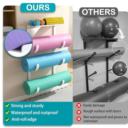 Yoga Mat Holder Wall Mount, No-Tie Pilates Mat Storage Rack with Top Floating Shelf, 4-Tiers Holding Yoga Blocks/Rollers and Exercise Mat, Workout Mat, Home Gym Equipment Accessories - color: 4-Tiers（with Floating Shelf）