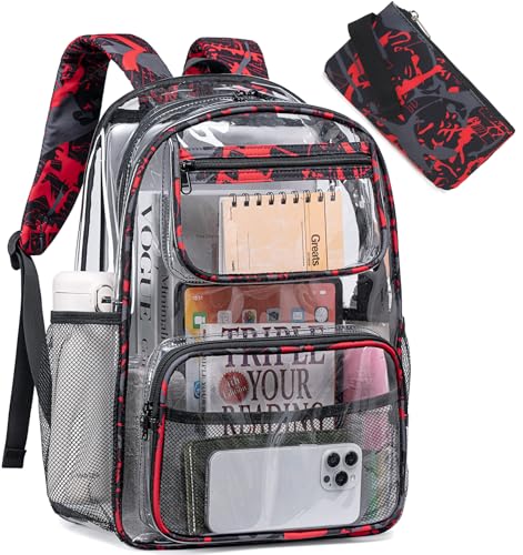 Bluboon Clear Backpack Heavy Duty Kids Boys Clear Bookbag See Through Backpacks with Pencil Case for College Work (Transparent Red) - color: Transparent Red