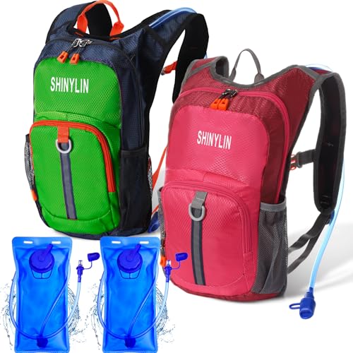 Shinylin 2 Pcs Kids Hydration Backpack with 1.5L Water Bladder Lightweight Kids Hiking Backpack Water Rucksack for Boys Girls Climbing Running - color: Rose Pink, Green, style: Classic