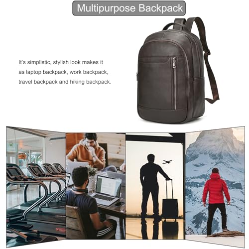 LUUFAN Genuine Leather Backpack for Men, Casual Shoulder Bag Multi Pockets Daypack 15.6 Inch Laptop Bag for Travel Business Outdoor, Brown - color: 8016-brown