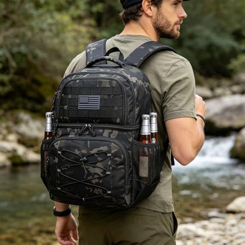 Tactical Double Deck Cooler Backpack for Men, Insulated Cooler Bag with 2 Compartment, 36 Cans Soft Military Insulated Lunch Backpack Waterproof Leakproof for Beach, Camping, Picnic, Hiking - color: Camo