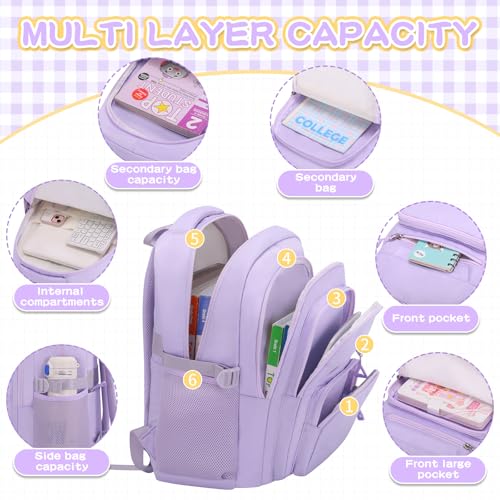 PRAGARI Cute Backpack for School Girls Aesthetic Backpack Women College Bookbag Large Students Laptop Bag Travel Casual Daypack - color: Purple