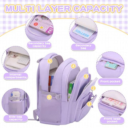 PRAGARI Cute Backpack for School Girls Aesthetic Backpack Women College Bookbag Large Students Laptop Bag Travel Casual Daypack - color: Purple