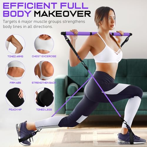 Pilates Bar Kit with Resistance Bands, Multifunctional Pilates Bar for Women & Men with Heavy-Duty Metal Adjustment Buckle, Pilates Home Equipment for Full BodyWorkouts - color: Purple