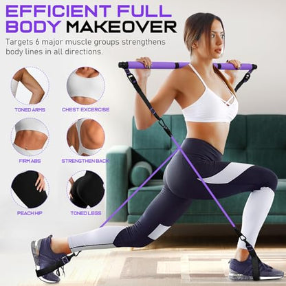 Pilates Bar Kit with Resistance Bands, Multifunctional Pilates Bar for Women & Men with Heavy-Duty Metal Adjustment Buckle, Pilates Home Equipment for Full BodyWorkouts - color: Purple