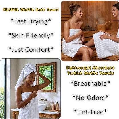PÜSKÜL 2-Piece White Waffle Bath Towels for Bathroom | Natural 100% Turkish Cotton Towel | Soft Absorbent Quick-Dry Lightweight 32x63 Extra Large Turkish Bath Sheet (White Bath Towels - Pack of 2) - color: White