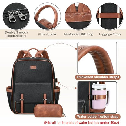 Vegan Leather Laptop Backpack for Women Designer 15.6 Inch PU Laptop Bag, Ladies Travel Computer Work Backpack - color: Black Brown