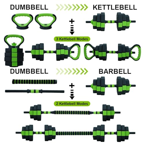 44/66/88 Lbs Adjustable Dumbbell Set, 4-in-1 Free Weights Set with Connector, Fitness Exercise Equipment Used As Barbell, Kettlebells, Push Up Stand, Weights Set for Home Gym Suitable Men/Women - color: Black Green