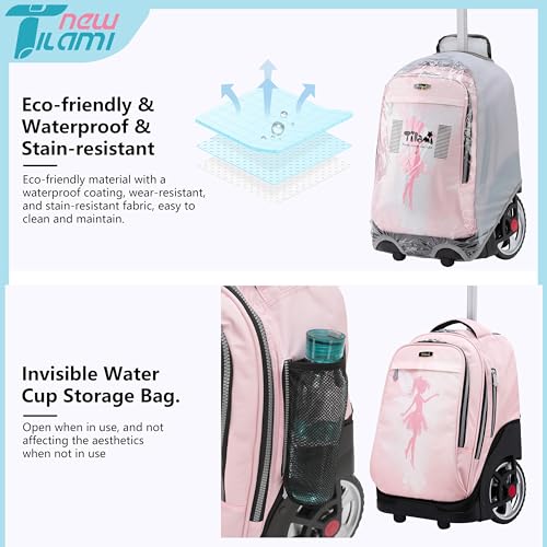 NEW TILAMI 19 inch Rolling Backpack Teens Rolling Backpack Cute Wheeled Laptop Backpack Bookbag Roller Travel Bag College, Flower Fairy (No USB interface) - color: Pink Flower Fairy