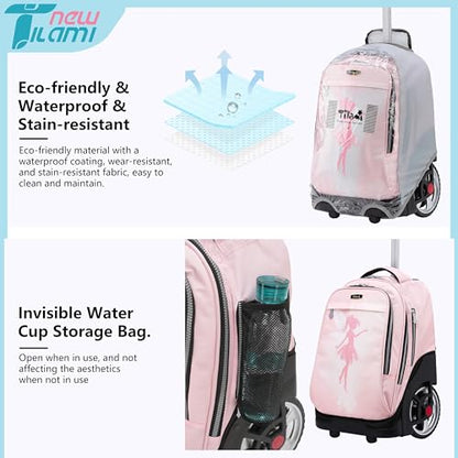 NEW TILAMI 19 Inch Rolling Backpack with Lunch Bag for Girls Boys Wheeled Laptop Backpack Durable Carry-on Bag School Travel, Flower Fairy - color: Pink Flower Fairy