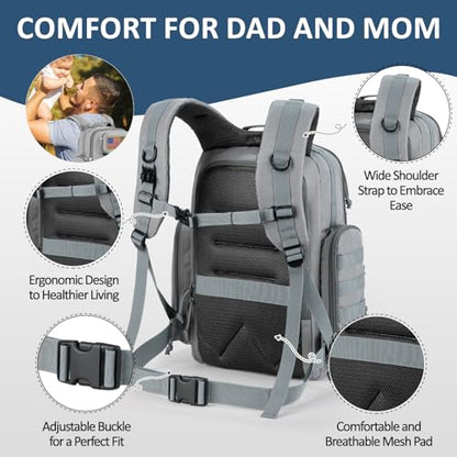 MIRACOL Outdoor Military Diaper Backpack: Dad-Approved Baby Bag with Insulated Pockets & Foldable Changing Mat - Lightweight Essentials for Hiking Camping Outdoor Adventures - color: Grey W/ Changing Mat