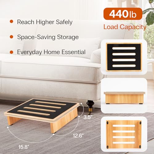 StrongTek 3.5" One Step Stool for Adults, Sturdy Wooden Riser with Non-Slip Rubber Top, 440 lb Capacity, No Assembly Required, Portable for Kitchen, Bathroom, Bedside, Kids & Seniors - size: 3.5"-Natural