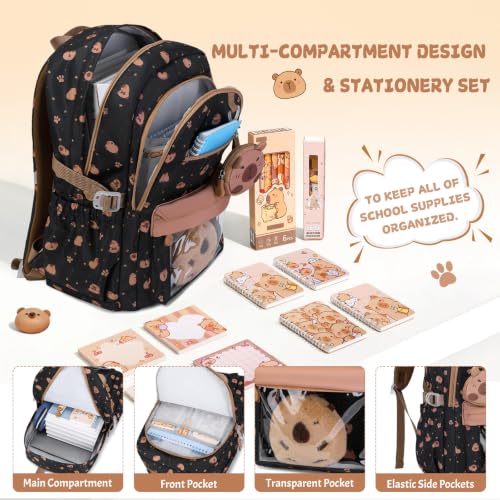 Capybara Theme Backpack for School Girls, 35PCS Kids Backpack Set with School Supplies Stationery Kit Lunch Box Pencil Case, Cute Girls Bookbag for Kindergarten Elementary Student - color: Black