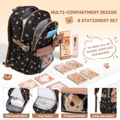 Capybara Theme Backpack for School Girls, 35PCS Kids Backpack Set with School Supplies Stationery Kit Lunch Box Pencil Case, Cute Girls Bookbag for Kindergarten Elementary Student - color: Black