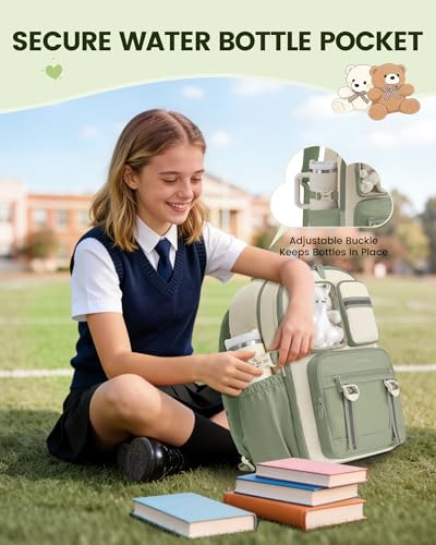 LOVEVOOK Cute School Backpack for Girls Ages 8-14, Bookbag with Plush Bear & Clear Display Pocket, Fits 15.6 Inch Laptop & 40oz Tumbler, Back to School Backpack for Elementary & Middle School - color: Green / Off-white