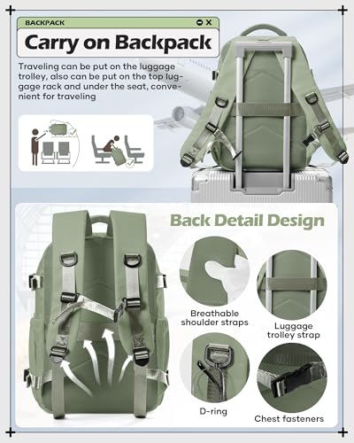 winspansy Travel Backpack for Women Men Essentials Carry on Luggage Flight Approved Personal Item Travel Bag Work Laptop Backpack Waterproof Weekender Bags for Women Mochila de Viaje Green - color: B6-green-no Vacuum Bag