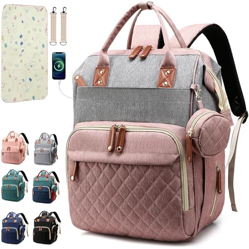 SHITIESHOU Diaper Bag Backpack Baby Bag, Baby Girl Boy Diaper Bag for Dad Mom with Pad, 16 Pockets, Pacifier Case, Large Diaper Bags Unisex for Travel(Pink Grey) - color: A Pink Grey