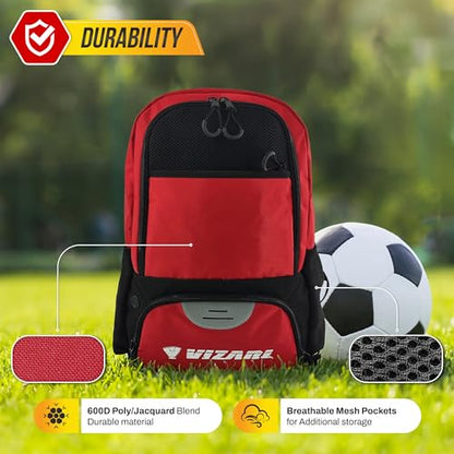 Vizari Soccer Backpack Soccer Bag | Water resistant Durable Equipment Bag for Football, Basketball, Volleyball | Cleats and Ball Compartment - Red,Blue,Pink,Black - color: Black/Red