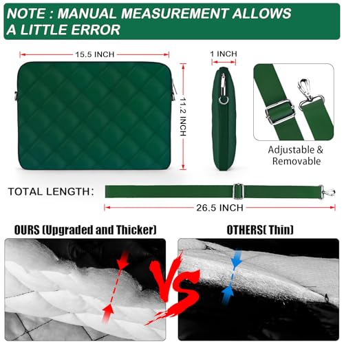 Puffy Quilted Laptop Sleeve with a Removable Shoulder Strap Compatible with MacBook Air 15 inch M2 A2941 2023/Pro 15 A1990 A1707, 15 Surface Laptop 5/4/3,Dell XPS 15,HP Stream 14 inch - color: Sleeve - Blackish Green, size: 15 inch