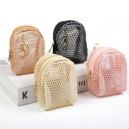 AIBFRID 4Pcs Mini Backpack Keychain,Cute Cosmetic Bag for Women,PU Leather Makeup Bag Key Pocket Lipstick Bag Card Holder Data Cable Organizer Zipper Pouch (Mesh Cosmetic Bag) - color: Mesh Cosmetic Bag