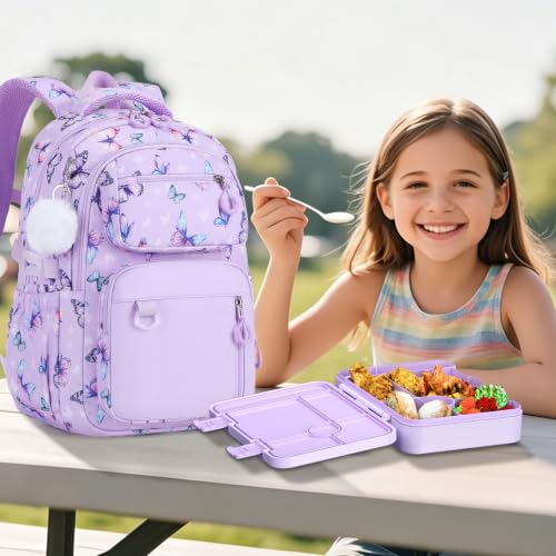 Bevalsa Backpack for Girls, School Bookbag Teen Girls Backpack Set with Bento Lunch Box, Insulated Bag & Pencial Case, 43oz Lunch Containers for Kids Elementary Middle Student (Purple Butterfly) - color: Purple Butterfly