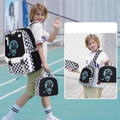 Bevalsa Backpack for Boys, Cool Luminous Boys Backpack with Sling Bag, Lunch Box & Pen Case, School Bags for Kids Children Teens Elementary Middle Schools, Bookbag Glow In The Dark (Checkerboard) - color: Checkerboard