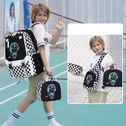 Bevalsa Backpack for Boys, Cool Luminous Boys Backpack with Sling Bag, Lunch Box & Pen Case, School Bags for Kids Children Teens Elementary Middle Schools, Bookbag Glow In The Dark (Checkerboard) - color: Checkerboard