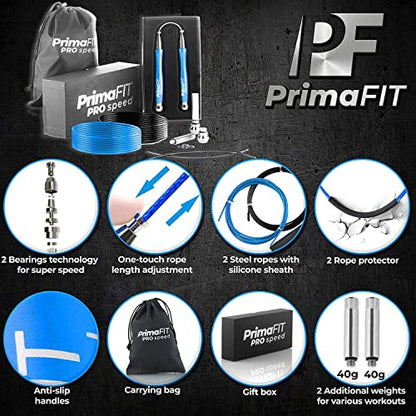 PrimaFIT Jump Rope Pro Speed Skipping Rope Adjustable Adult Jumping Rope Weighted Aluminium Handles for Double Dutch Boxing Workout Crossfit Exercise Fitness Spare Cable Weights Protectors Carry Bag - color: Blue