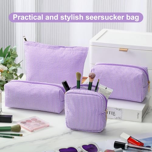 Sanwuta 4 Pcs Seersucker Pouch Cosmetic Bag Set Seersucker Makeup Bag Women Stripe Large Travel Toiletry Organizer Aesthetic Preppy Storage for Embroidery Women Bridesmaid Gifts(Purple) - color: Purple