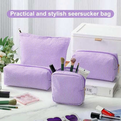 Sanwuta 4 Pcs Seersucker Pouch Cosmetic Bag Set Seersucker Makeup Bag Women Stripe Large Travel Toiletry Organizer Aesthetic Preppy Storage for Embroidery Women Bridesmaid Gifts(Purple) - color: Purple
