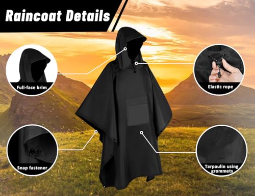 TOMSHOO Multifunctional Raincoat with Hood Hiking Cycling Rain Cover Lightweight Poncho Rain Coat Outdoor Camping Tent Mat - color: Black