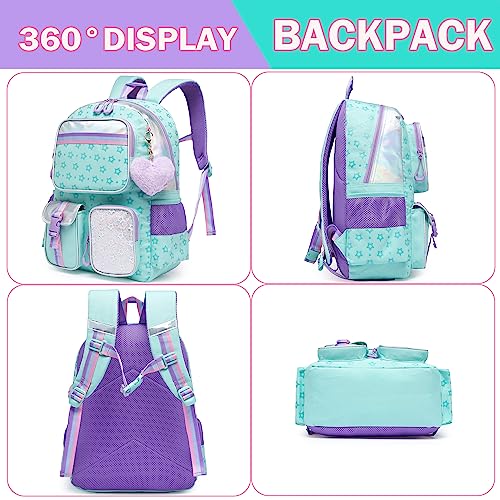 Meetbelify Aesthetic Backpack with Lunch Box Pencil Case for Elementary Students - Cute Bookbag for Girls 8-10 - color: Star Green 3pcs