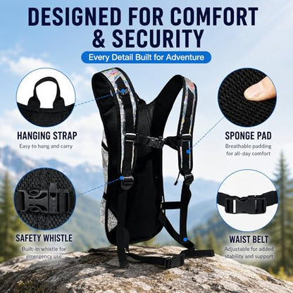 Zavothy Rave Hydration Backpack with 3L Bladder, Colorful Festival Hydration Pack with Side Pockets, Lightweight Water Backpack for EDM, Music Festivals, Hiking & Cycling - color: Silver