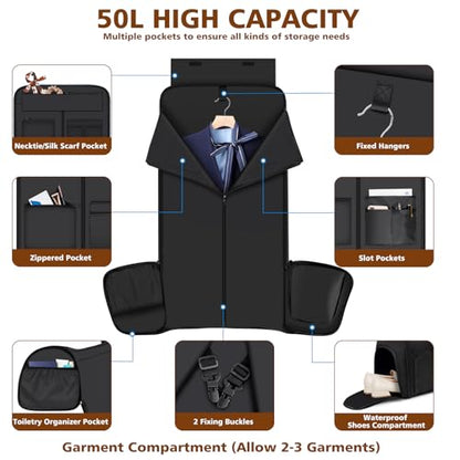 Convertible Garment Bags for Travel - Carry on Garment Duffle Bag with Backpack Straps for Men Women, 4 in 1 Large Travel Duffel Bags with Shoes Compartment Hanging Suit Dress Weekender Bag 3pcs Set - color: D2-Black