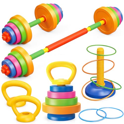 5-in-1 Kids Weight Set – Adjustable Fillable Toddler Weights Gym Set with Dumbbell, Barbell, Kettlebell, Ring Toss, Push-up – Kids Workout Equipment Children Beginner Home Gym Pretend Play Exercise
