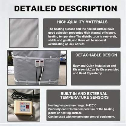 Professional 275-Gallon IBC Tote Heating Blanket – 4000W Fast Heating Electric Heater Jacket, Adjustable 120°C, Fast & Even Heat, Fireproof Silicone, Waterproof - color: Gray