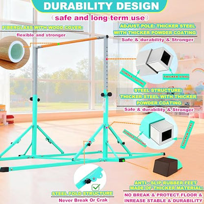 Marfula Gymnastic Bar For Kid and Teenage of 3-25, 5Ft/8 FT Base Length 4Ft Width 5Ft Adjust Height, Gymnastic Kip Bar For Gymnast, Gymnastic Training Equipment For Professional Training Home Club Use - color: Teal (New Style - 8 Ft Base)