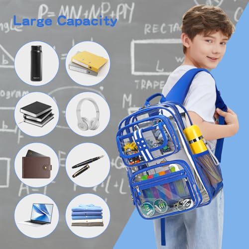Cusangel Clear Large Backpack for School,16in Heavy Duty Clear BookBag,TPU Large Capacity See Through Backpack for Stadiums,Concerts,Plastic transparente para mujer for 8Age+ Boys Girls - color: Blue Clear 16in
