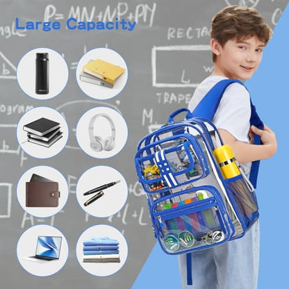 Cusangel Clear Large Backpack for School,16in Heavy Duty Clear BookBag,TPU Large Capacity See Through Backpack for Stadiums,Concerts,Plastic transparente para mujer for 8Age+ Boys Girls - color: Blue Clear 16in