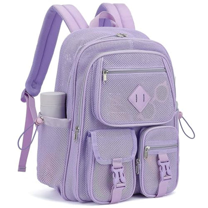 Purple Mesh Backpack for Girls Boys, Mesh Bookbags Heavy Duty Semi-Transparent School Bag for College, Travel, Beach, Swimming, Sports - color: Purple