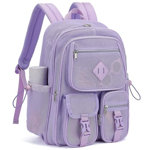 Purple Mesh Backpack for Girls Boys, Mesh Bookbags Heavy Duty Semi-Transparent School Bag for College, Travel, Beach, Swimming, Sports - color: Purple