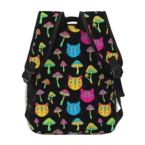 Casual Travel Daypack Halloween Trippy Eyes Black Cat Mushrooms, Multi Pocket Water Resistant Backpack for Men Women Weekend Getaways - color: Pattern (268)