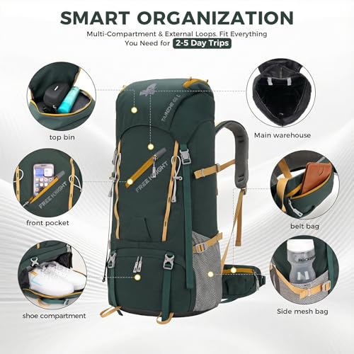 Bseash 65L Waterproof Hiking Camping Backpack with Rain Cover, Outdoor Sport Travel Daypack for Climbing Touring (Dark Green) - color: Dark Green