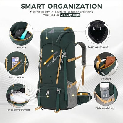Bseash 65L Waterproof Hiking Camping Backpack with Rain Cover, Outdoor Sport Travel Daypack for Climbing Touring (Dark Green) - color: Dark Green