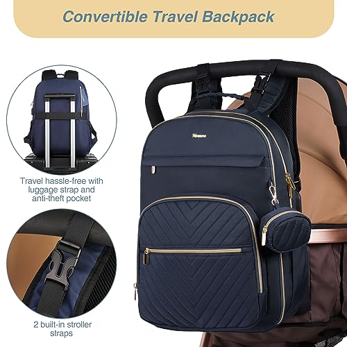 MOMUVO Diaper Bag Backpack, Quilted Baby Bag with Changing Pad & Stroller Straps & Pacifier Case, Large Travel Diaper Bags for Mom Dad, Blue - color: Blue