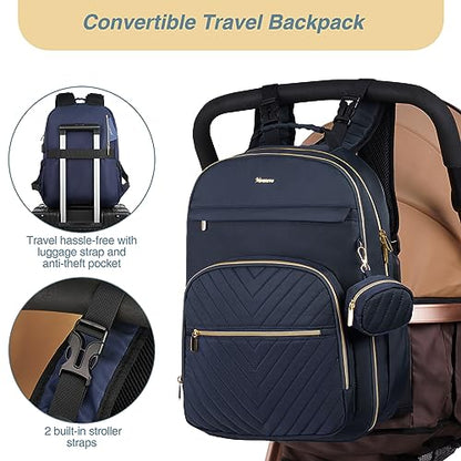 MOMUVO Diaper Bag Backpack, Quilted Baby Bag with Changing Pad & Stroller Straps & Pacifier Case, Large Travel Diaper Bags for Mom Dad, Blue - color: Blue