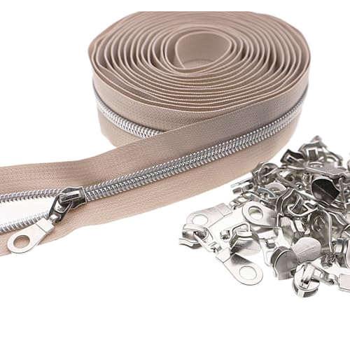 #5 Silver Metallic Nylon Coil Zipper by The Yard, Bulk 10 Yards Beige Zipper Tape Silver Teeth with 25PCS Silver Zippers Pulls for Sewing, Bags, Purses YIGUANXIN - color: Beige-Silver
